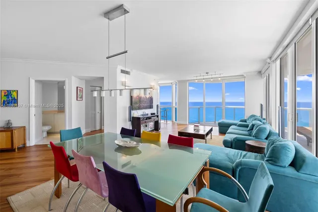 a view of a dining room with furniture