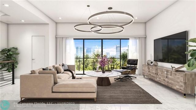 a living room with furniture potted plant and a large window