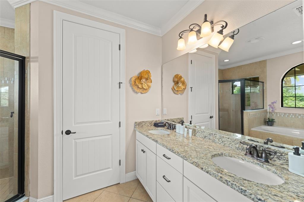 717 Desert Mountain Court Reunion, FL 34747 - Photo 29 of 62 a bathroom with a granite countertop sink and a mirror