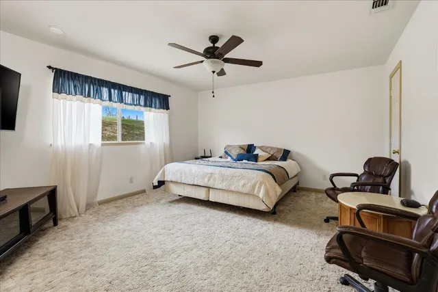 a bedroom with a bed a flat screen tv and couches