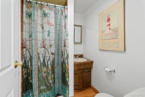 a bathroom with a shower and a toilet