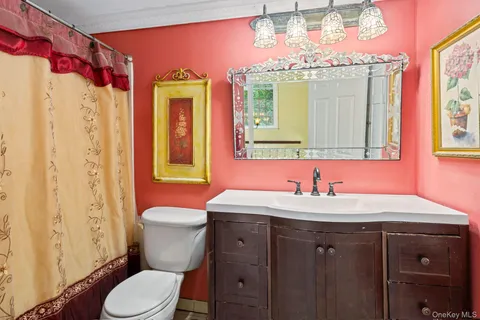 a bathroom with a sink vanity mirror and toilet