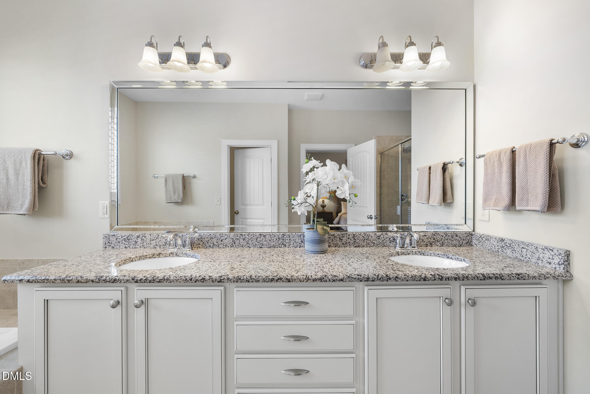 765 Fallon Grove Way Raleigh, NC 27608 - Photo 23 of 43 a bathroom with a granite countertop sink and a mirror