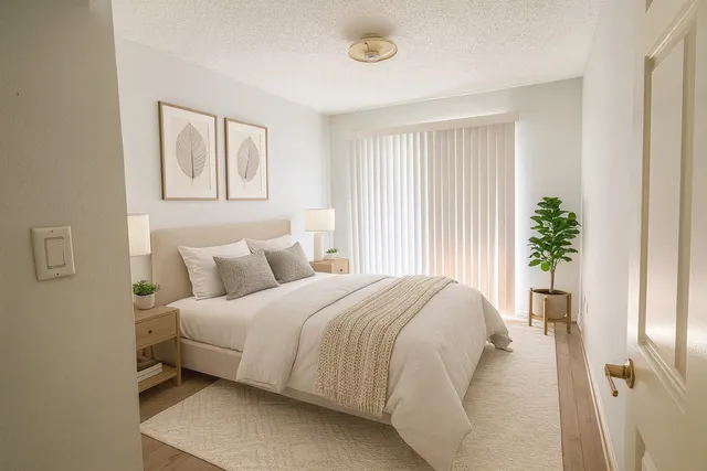 a bed sitting in a spacious bedroom next to a window