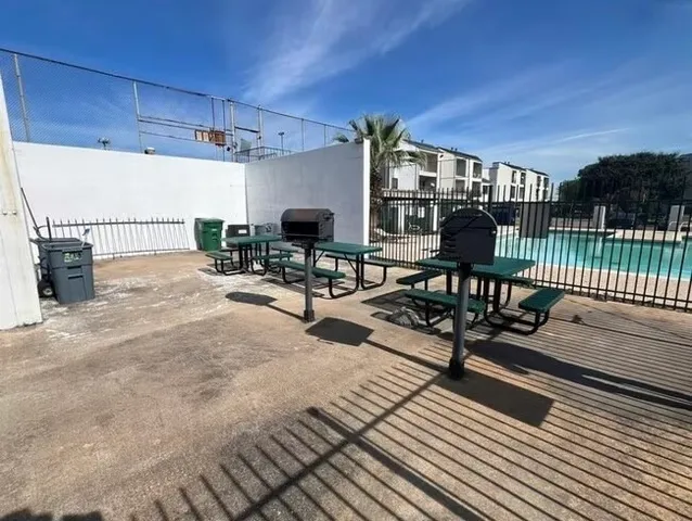 a building outdoor space with seating space