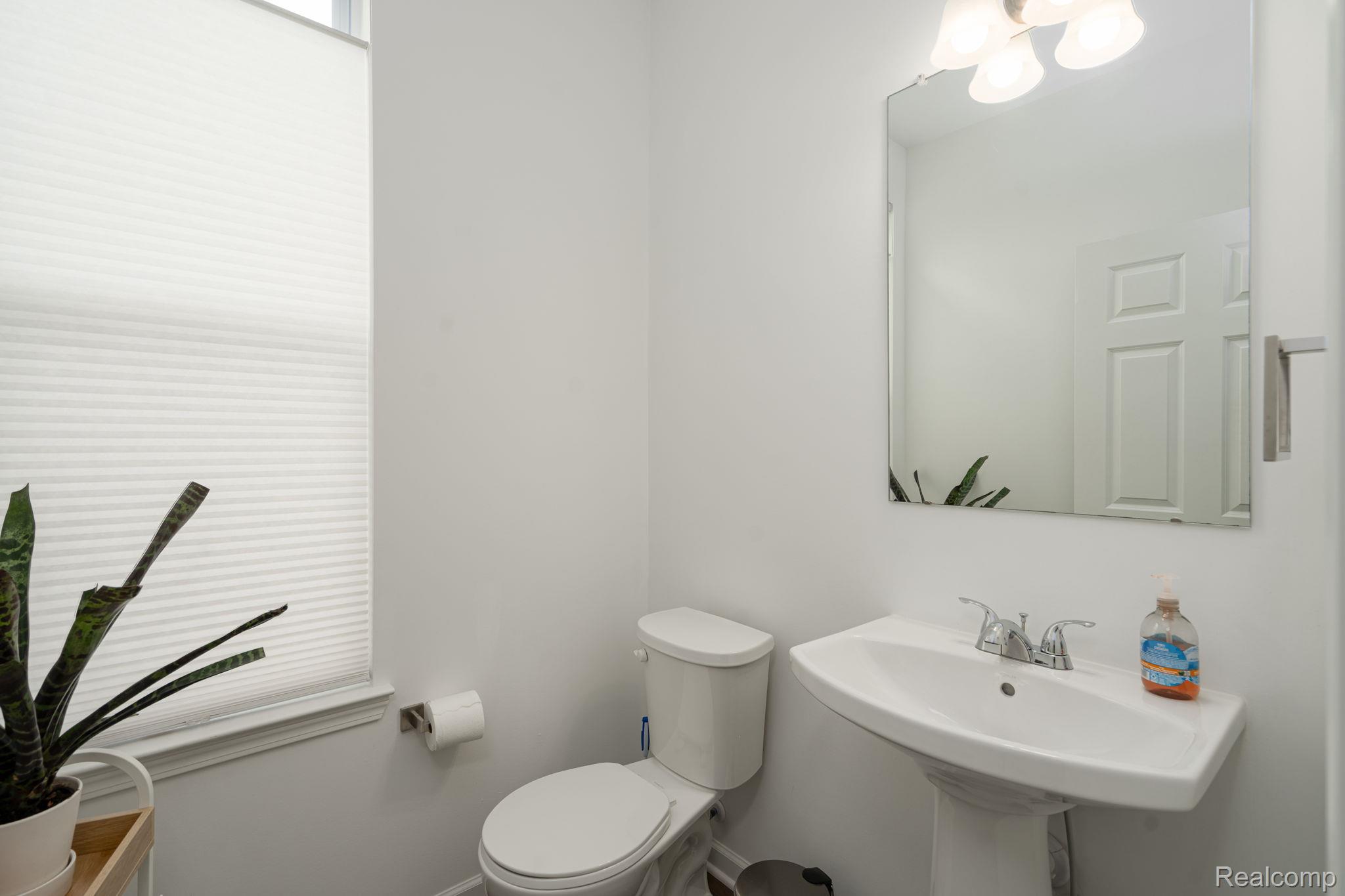 48904 Carnegie Way Macomb, MI 48042 - Photo 17 of 34 Pedestal sink with chrome faucet, wall-mounted mirror, and vanity light fixture