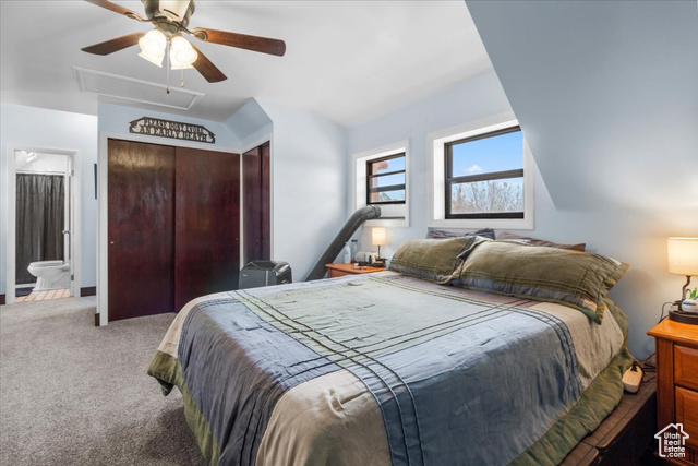 11450 Pigeon Hollow Road Spring City, UT 84662 - Photo 12 of 47 Carpeted bedroom featuring a closet, ceiling fan, and ensuite bath