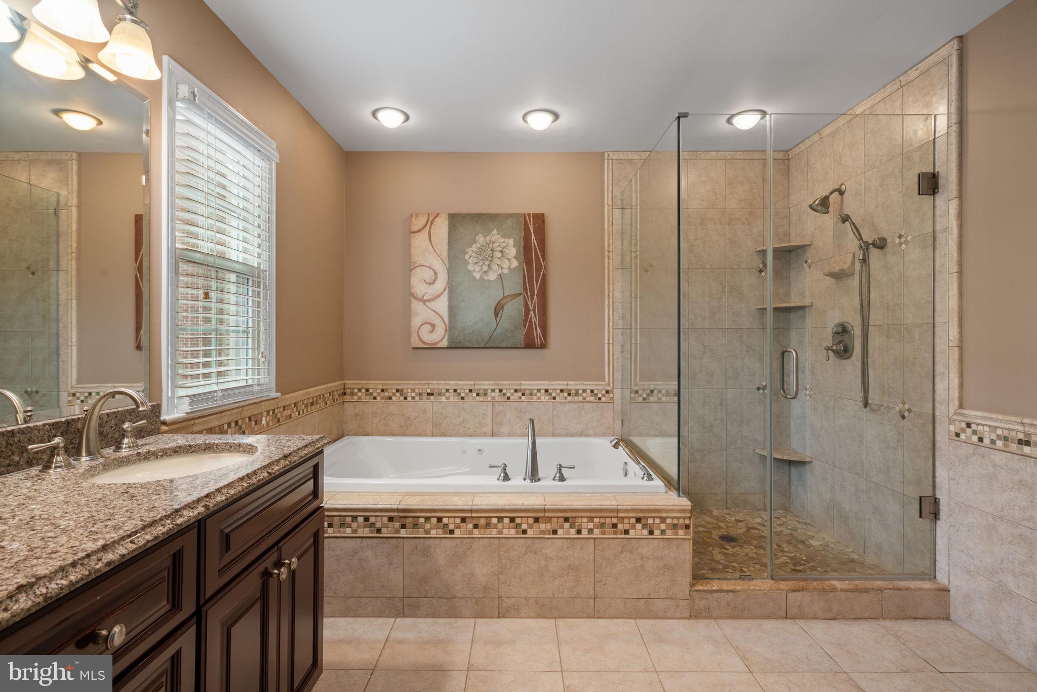 8527 Silverview Drive Lorton, VA 22079 - Photo 23 of 63 a bathroom with a granite countertop tub sink shower and mirror