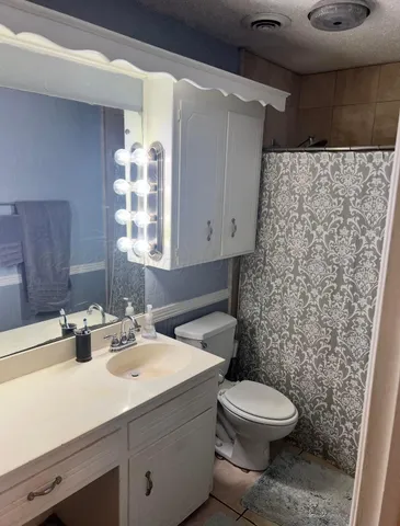 a bathroom with a sink a toilet and shower curtain
