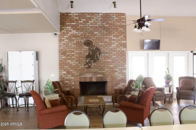 a view of a dining room with furniture