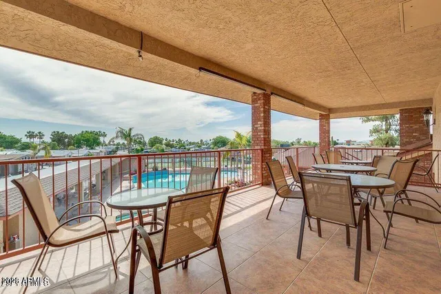 a view of a building with a balcony