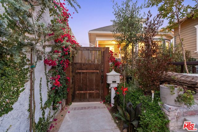 a small garden covered with tall trees