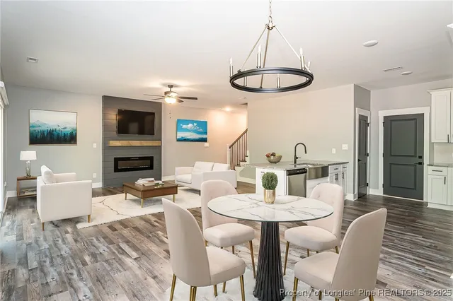 a view of a dining room with furniture