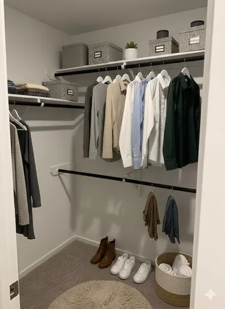 a view of walk in closet with clothes and shoes