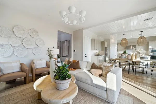 a living room with furniture potted plant and a chandelier