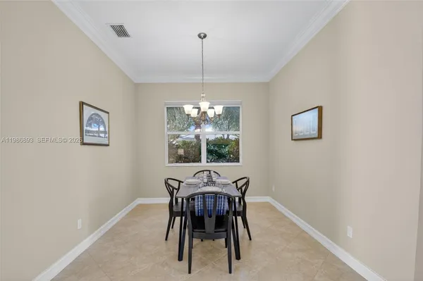 a view of a dining room with furniture window and outside view