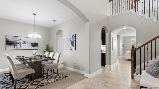 a view of a dining room with furniture