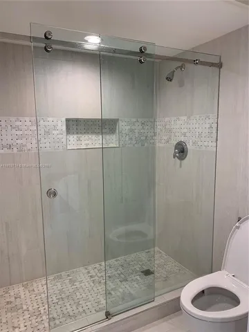 a bathroom with a shower a toilet and a glass door