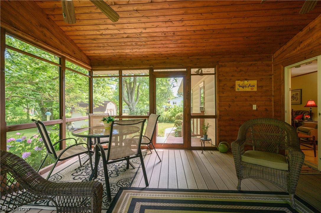 3281 Brenner Road Barberton, OH 44203 - Photo 21 of 33 Sunroom with lofted ceiling, wood ceiling, and ceiling fan