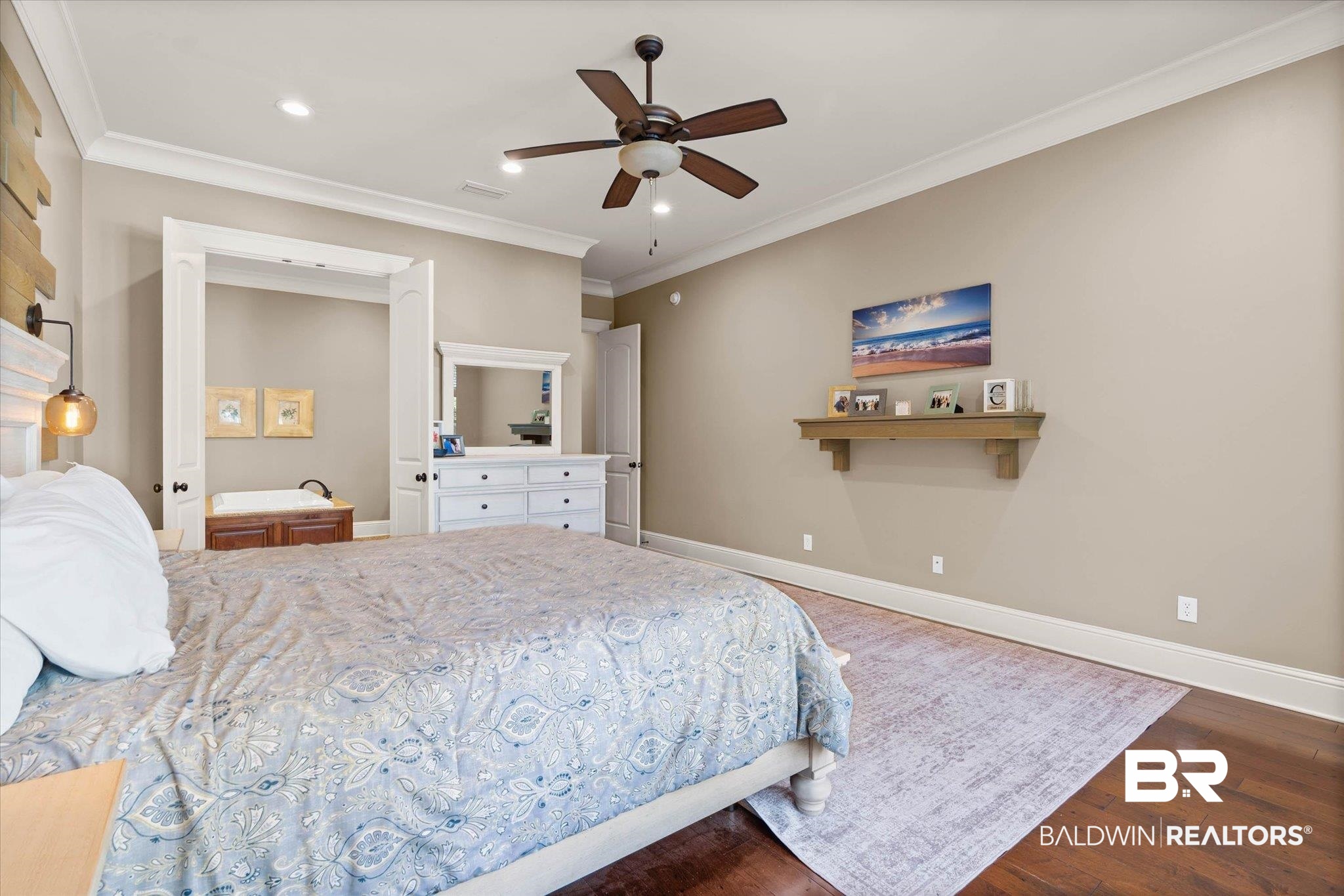 7676 Rockstone Lane Mobile, AL 36695 - Photo 17 of 47 Bedroom with ornamental molding, dark wood-type flooring, a ceiling fan, and recessed lighting