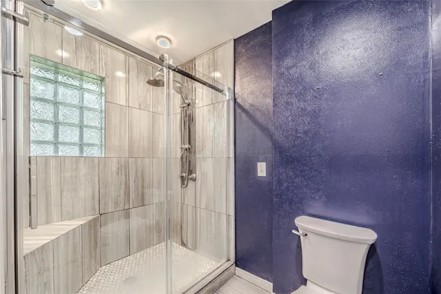 a bathroom with a shower and toilet