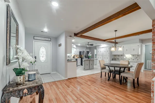 a dining room filled with furniture and wooden floor