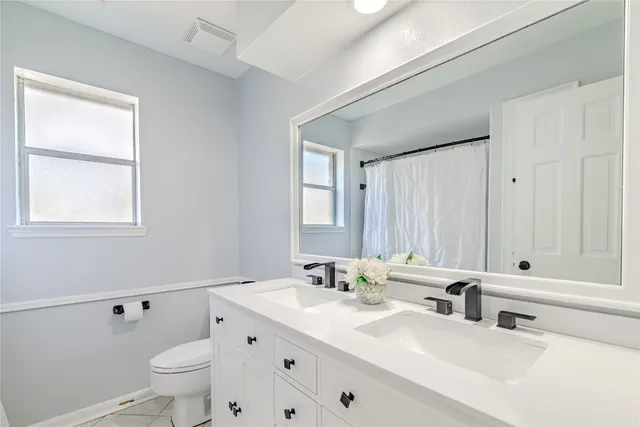 a bathroom with a double vanity sink toilet and a mirror