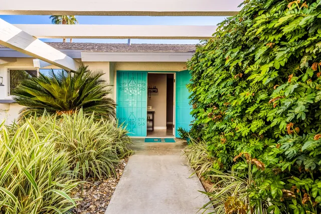 a front view of a house with a plant