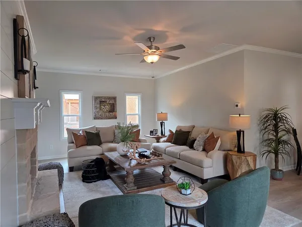 a living room with furniture potted plant and a window