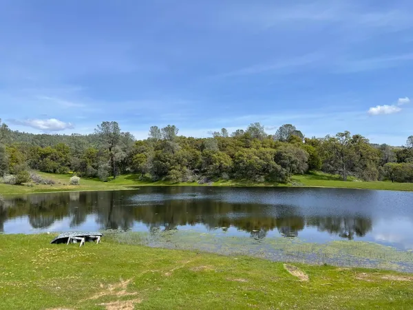 a view of a lake with a city
