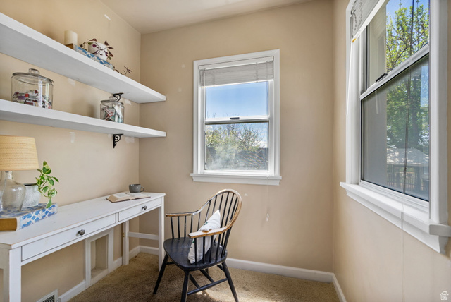 137 West 200 S Street Fairview, UT 84629 - Photo 12 of 34 Sunlit room featuring two windows with white trim, built-in white floating shelves with decorative brackets, a built-in white desk with two drawers, and neutral carpeting