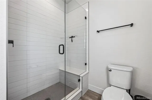 a bathroom with a shower and a toilet