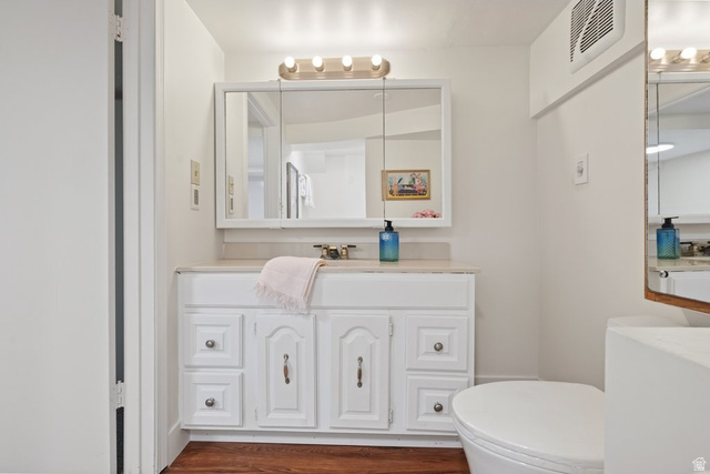 673 East 700 South Springville, UT 84663 - Photo 35 of 43 Bathroom featuring a white vanity with paneling and brass hardware, light-toned countertop, and medicine cabinet with integrated lighting
