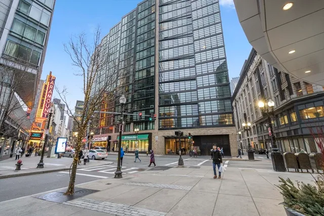 a view of a building with sitting area