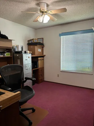 a view of workspace with furniture and a ceiling fan