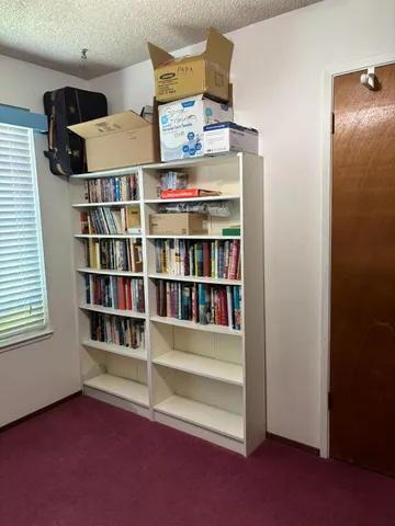 a room with a book shelf