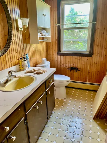 a bathroom with a sink toilet and mirror