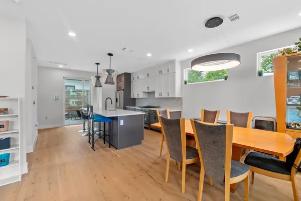 a view of a dining room with furniture