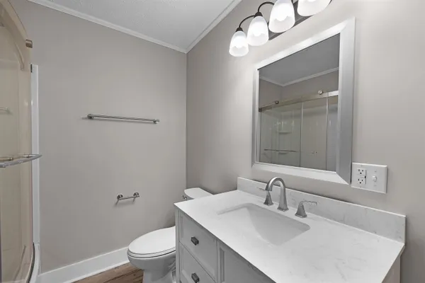 a bathroom with a sink vanity granite toilet and a mirror