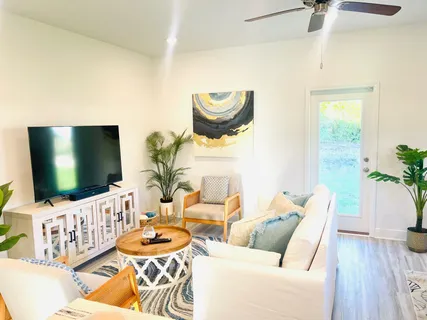 a kitchen with a sink and a potted plant