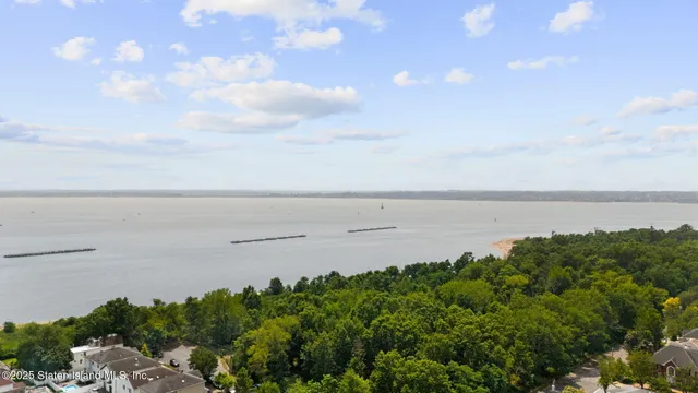 a view of a lake and mountain in back