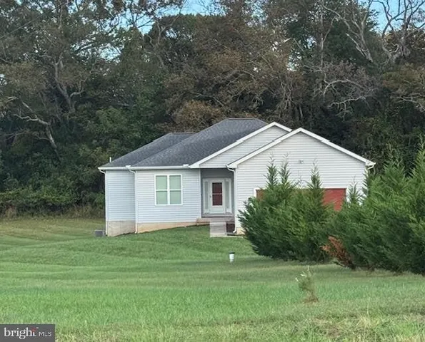 a backyard of a house with plants and large tree