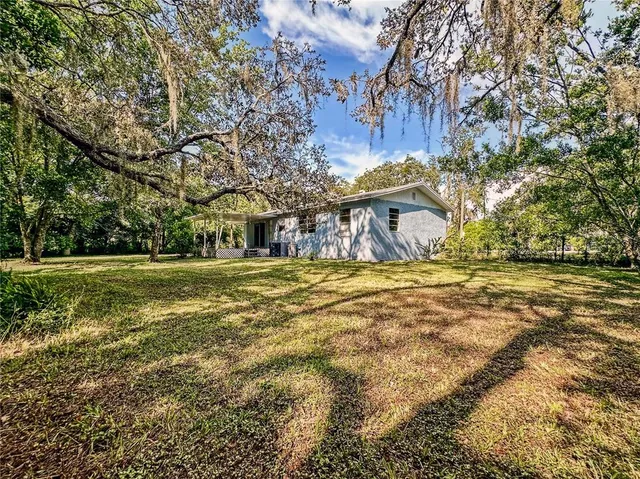 a view of a backyard with a small cabin