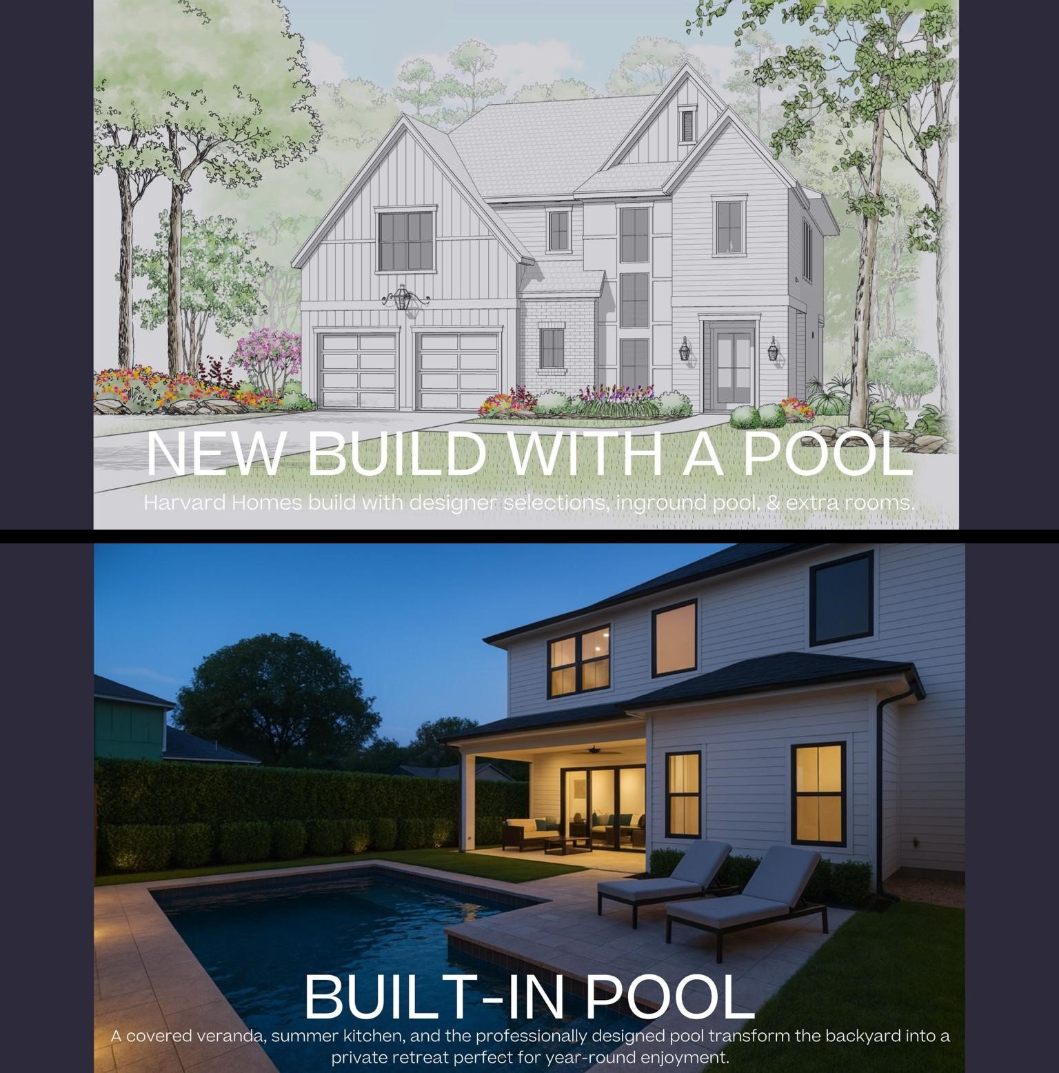 Harvard Homes presents a fresh take on modern comfort at 1510 Chantilly, crafted with natural light, designer fixtures throughout and a built-in pool. The first floor opens with a bright great room framed by a wall of windows and built-in cabinetry, flowing easily into the dining room and a generous verandah.