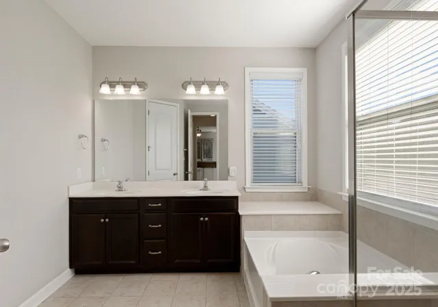 a bathroom with a double vanity sink and a bathtub