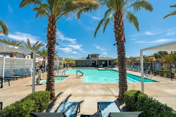 an aerial view of a building with a outdoor space