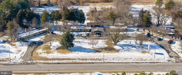 a view of a house with a snow yard and large tree