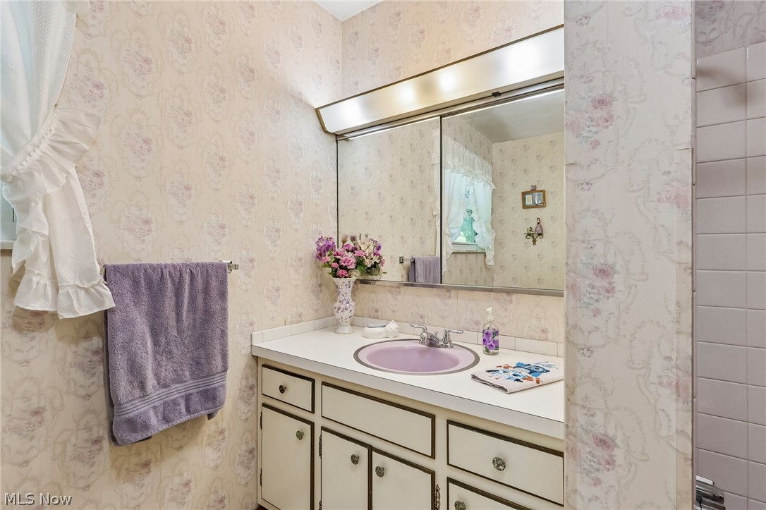 2428 Antioch Road Perry, OH 44081 - Photo 33 of 46 Bathroom vanity with a purple inset sink, chrome faucet, and ample under-cabinet storage