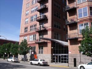 a view of a building with a street