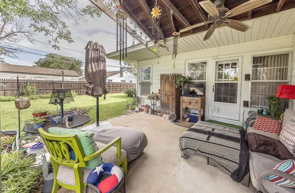 a building outdoor space with patio furniture